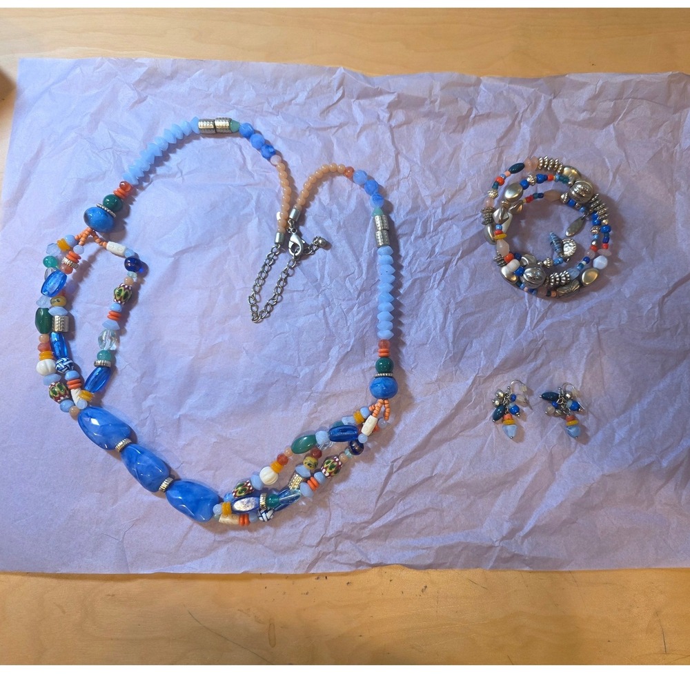Chicos Beaded Jewelry Set Necklace Wrap Bracelet Cluster Earrings Blue Multi